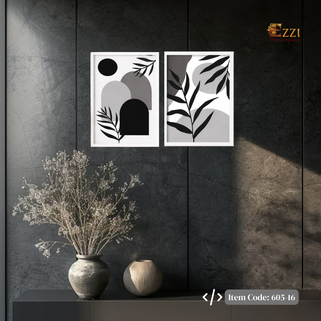 Monochrome Shapes – 2 Piece Black, White & Grey Framed Art Set